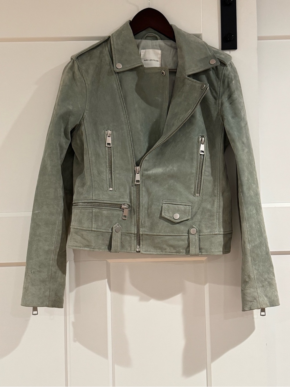 Avec Les Filles Sage Green Suede Moto Jacket